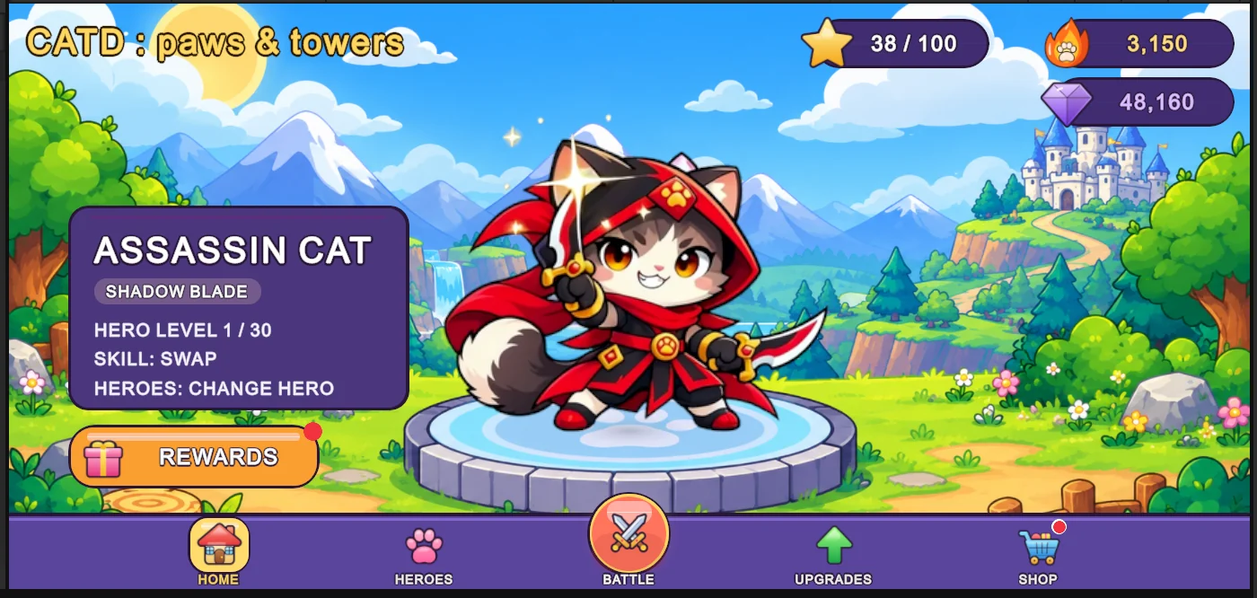 CATD actual development screenshot: Home screen — Assassin Cat